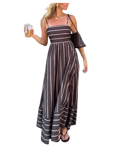 Milumia Women's Striped Spaghetti Strap Dress Smocked Open Back Flowy Long Vacation Dresses Brown Small - Image 1