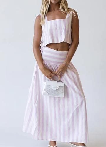 Melliflo Womens Summer 2 Piece Outfits Striped Skirt Linen Sets Sleeveless Crop Tops Maxi Skirt Set Matching Travel Outfits thumbnail 4