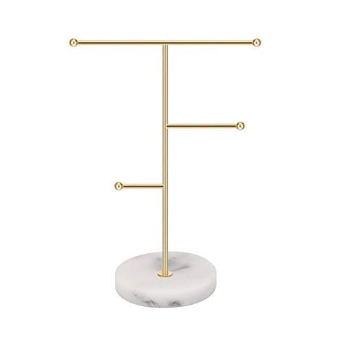 Jewelry Organizer,Metal T-Bar Necklace Display Stand Earrings Holder for Home, Hanging Pendant Rack with Marble Pattern Round Tray for Bracelets Rings Watches (A-Gold) - Image 1
