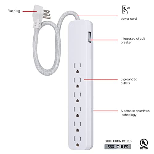 GE UltraPro 6 Outlet Surge Protector, 2 Ft Designer Braided Extension Cord, Flat Plug, Wall Mount, White, 45264 thumbnail 2