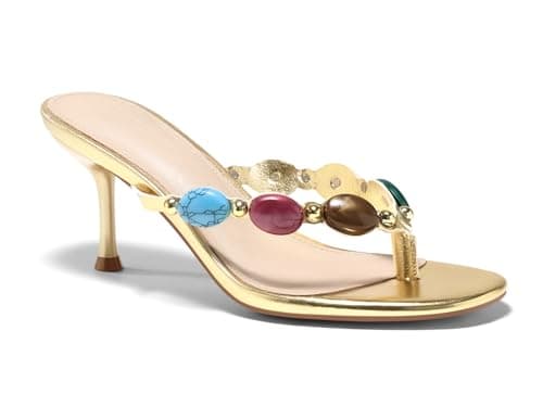 Coutgo Womens Gold Heeled Sandals Jeweled Kitten Heel Starppy Flip Flop Backless Open Toe Slides Boho Summer Vacation Beach Shoes - Image 1