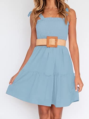 ZESICA Womens Summer Spaghetti Strap Sleeveless Mini Dress | Square Neck, Ruffle Hem, A-Line, Flowy Swing Dress, Sun Dress, Wedding Guest Short Dress thumbnail 9