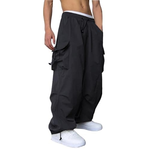 WZIKAI Men's Baggy Cargo Pants Casual Parachute Cargo Pants Loose Fit Hip Hop Harem Pants with Pockets Black XXL thumbnail 3