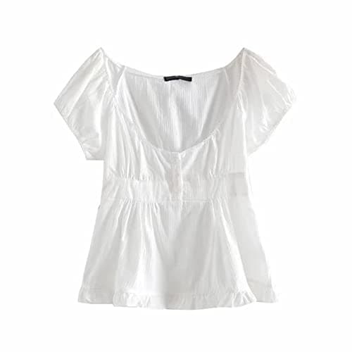 Women Y2k Gingham Top Lace Trim Scoop Neck Short Sleeve Tees Ruffle Hem Aesthetic Shirt Coquette Clothes - White - Small thumbnail 6