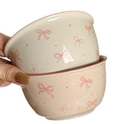 2 Piece Pink Bow Ceramic Bowl Set Underglaze High Color Ceramic Tableware Cute Soup Bowl College Style Dessert Pudding Fruit Salad Decoration Kitchen Decoration Pink White Bowl Couple Bowl Set Dormito - Image 1