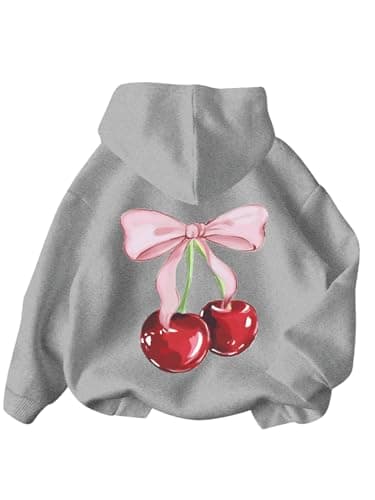 WDIRARA Girl's Cherry Graphic Hoodie Long Sleeve Hooded Sweatshirt Cute Pullovers Tops Grey 12Y - Image 1