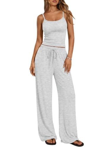 Trendy Queen Women's 2 Piece Lounge Sets Summer Outfits Matching Airport Camisole Tops Wide Leg Pants Fall Tracksuits 2026 Oatmeal Grey M - Image 1