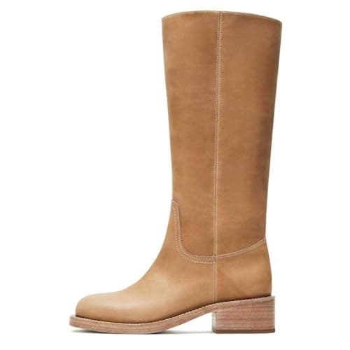 XBKXMK Tan Knee High Boots for Women Square Toe Chunky Block Heel Tall Boots Wide Calf Casual Comfortable Long Biker Boots Low Heel Womens Boots - Image 1