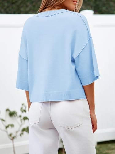 Cicy Bell Womens Half Sleeve Cardigan Sweaters Cropped Button Down Tops Oversized Lightweight Ribbed Knit Summer Outfits Sky Blue thumbnail 4