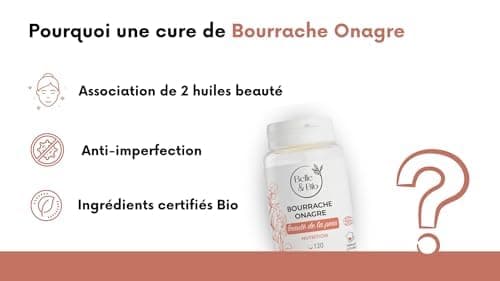 PEAU BELLE & SAINE - Riche en Oméga 6 - Bourrache Onagre Bio certifié Ecocert - 120 capsules - Cure 1 mois - Complément Alimentaire BELLE&BIO - Fabriqué en France thumbnail 3