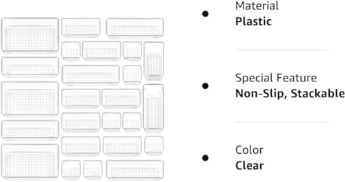 Vtopmart 25 PCS Clear Plastic Drawer Organisers Set, 4-Size Versatile Bathroom and Vanity Drawer Organiser Trays, Storage Bins for Makeup, Bedroom, Kitchen Gadgets Utensils and Office thumbnail 9