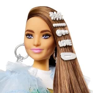 Barbie Extra Doll #9 in Blue Ruffled Jacket with Pet Crocodile, Long Brunette Hair, Bling Hair Clips, Gift for Kids 3Y+, GYJ78 thumbnail 2