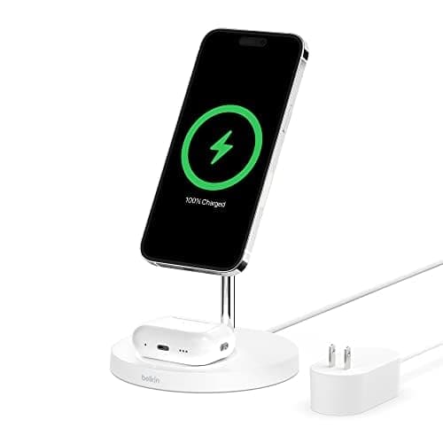Belkin MagSafe 2-in-1 Wireless Charging Stand for Apple iPhone 17, iPhone 16, iPhone 15, iPhone 14 Series & AirPods - MagSafe Fast Charging Station for Multiple Devices - Black (Certified Refurbished) - Image 1