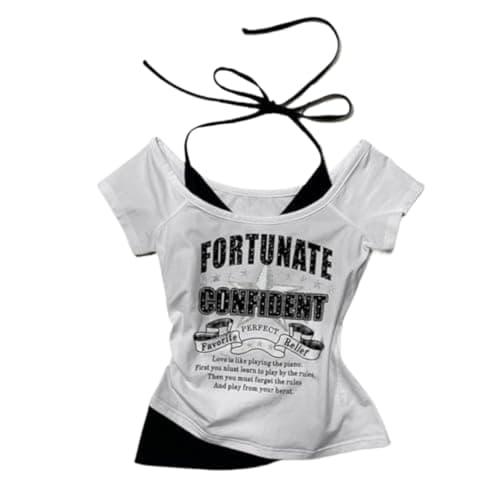 Emo Grunge Shirts Women 2000s Graphic Baby Tees Fake Two Piece Short Sleeve Vintage Y2k Crop Top Goth Alt Clothes - Image 1