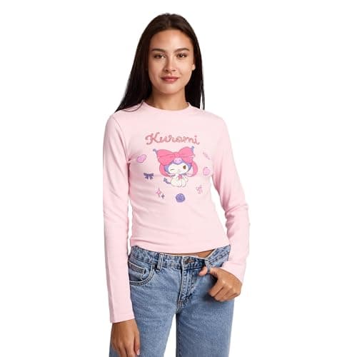 Bioworld Kuromi Character & Hearts Women's Cradle Pink Long Sleeve Baby Tee thumbnail 6