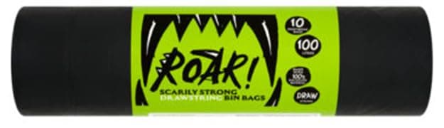 Roar! Bin Bags 100 Litres, 10 Double Drawstring Ultra Strong Black Refuse Sacks, 100% Recycled Plastic, Everyday Use, Household, Office & Kitchen Waste thumbnail 3