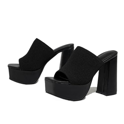 NELSBREXWomen'S Knitted Peep Toe Platform Chunky High Heel Slide Sandals Slip-On Square Open Toe Non-Slip Block High Heeled Backless Sexy Party Dress Mules Slippers for Club Events Prom - Image 1