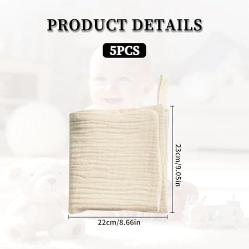 Toumett 5 Pcs Muslin Cloths for Baby, Wash Face Muslin Squares, Burp Cloths, Natural Cotton, For Newborn Baby/Boy/Girl Wiping Bathing Feeding (23x22cm) thumbnail 2