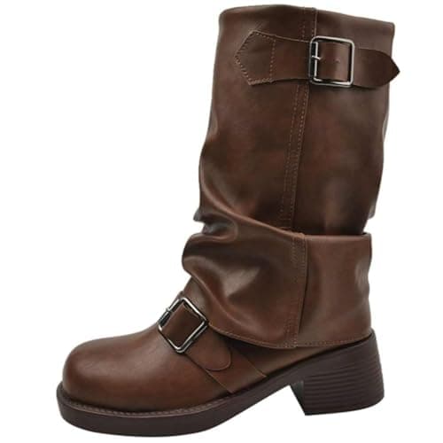 WUNAMOX Winter Boots for Women French Vintage Western High Heeled Stacked Pleated Mid Calf - Image 1