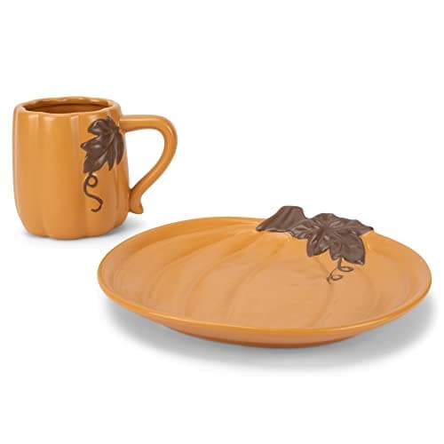 Nat & Jules Pumpkin Shaped 12 ounce Ceramic Coffee Mug and Small Saucer: Perfect for Halloween, Thanksgiving and Fall Collections - 2 Piece Set, Orange - Image 1
