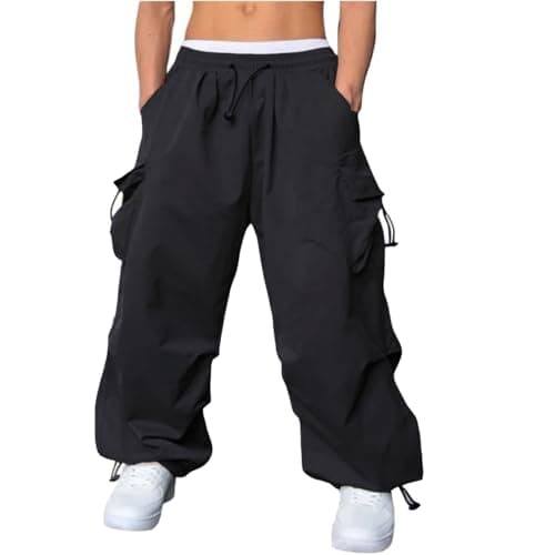 WZIKAI Men's Baggy Cargo Pants Casual Parachute Cargo Pants Loose Fit Hip Hop Harem Pants with Pockets Black XXL thumbnail 2