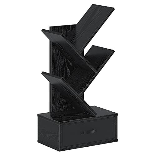 Rolanstar Bookshelf with Drawer, 4 Shelf Tree Bookshelf, Wooden Bookshelves Storage Rack for CDs/Movies/Books, Black Bookcase, Utility Organizer Shelves for Living Room, Bedroom - Image 1