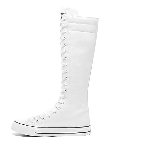 rismart Women's Tall Canvas Boots Knee Length Lace Up Punk Dancing Sneakers White, 8 thumbnail 5