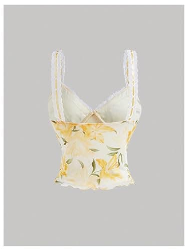 Milumia Women's Floral Print Sweetheart Neck Tank Top Tie Front Mesh Crop Summer Camisoles Yellow Large thumbnail 2
