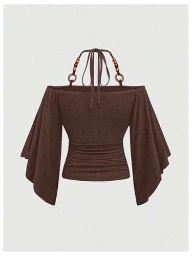 Verdusa Women's Y2k Off Shoulder Halter Top Cinched Waist Going Out Tops Flare Sleeve Ruched Fitted T Shirts Coffee Brown Large thumbnail 3