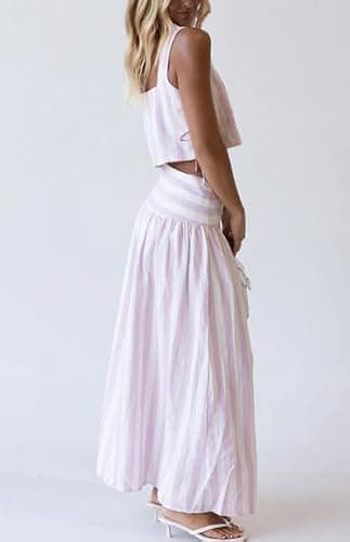 Melliflo Womens Summer 2 Piece Outfits Striped Skirt Linen Sets Sleeveless Crop Tops Maxi Skirt Set Matching Travel Outfits thumbnail 5