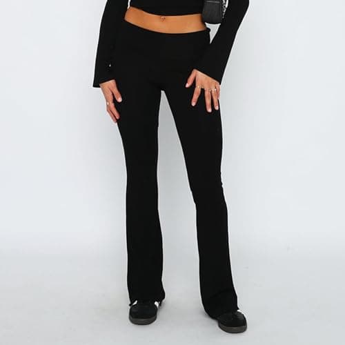 Fold Over Yoga Pants for Women Cotton Flare Leggings Y2k Low Rise Wide Leg Sweatpants Buttery Soft Bell Bottom Bootcut Workout Comfy Lounge Trousers Cute Stretch Streetwear thumbnail 4