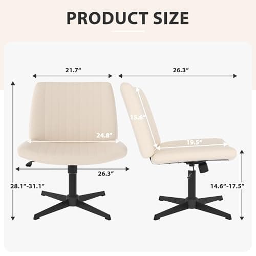 Criss Cross Chair, Cross Legged Office Chair Armless Vanity Chair with Back, Wide Desk Chair with No Wheels Swivel Height Adjustable, Fabric Comfy Computer Chair for Home Vanity Desk Office, Beige thumbnail 2