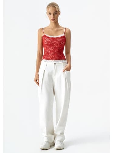 QINSEN Two-Tone Double Layer Lace Cami Tank for Women Scoop Neck Spaghetti Straps Sleeveless Camisole Shirts Red L thumbnail 6