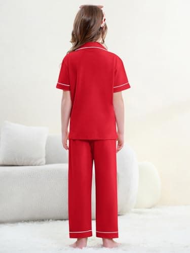 QZH.DUAO Girl & Women's 100% Cotton Short Sleeves and Long Pants Pajama Set,2-Piece, 5 Years - Large, Red, 11-12 Years thumbnail 3