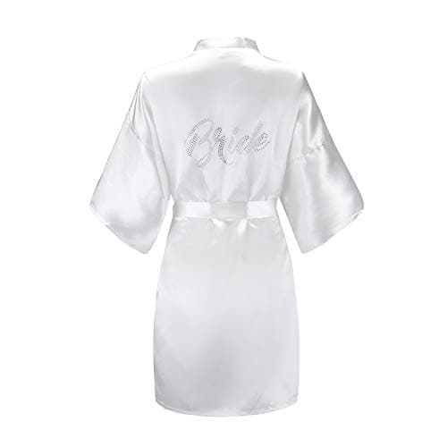 EPLAZA Women's One Size Silver Rhinestones Bride Bridesmaid Short Satin Robes for Wedding Party Getting Ready - White - Bride - Image 1
