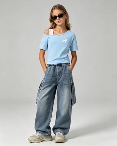 Kxuryueo Tween Girl Outfit Set One Shoulder Top & Wide Leg Denim Jeans Fashion Trendy Clothes Size 9 10 thumbnail 2