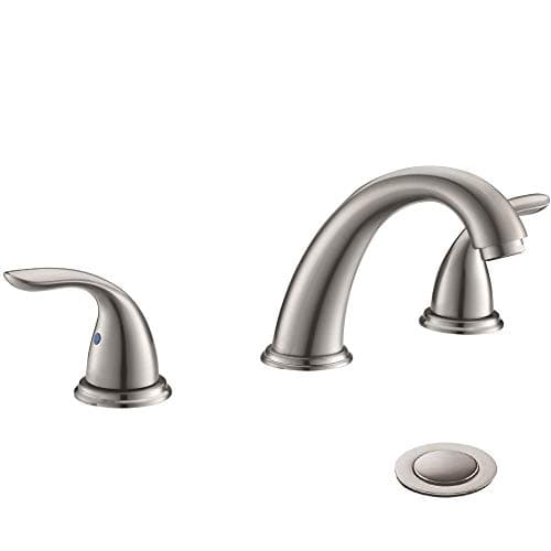 Phiestina 8 Inch 2 Handles 3 Holes Deck Mount Brushed Nickel Widespread Bathroom Faucet, with Stainless Steel Pop Up Drain, WF008-5-BN - Image 1