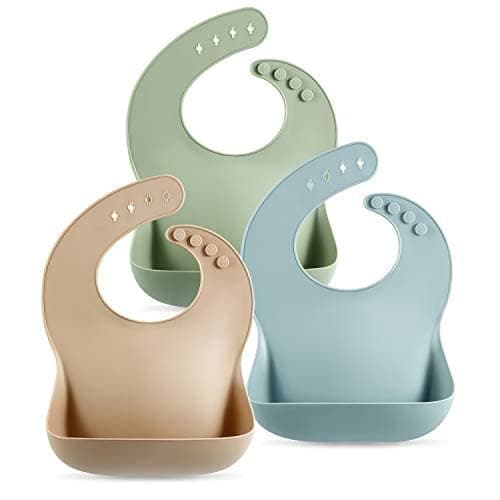 PandaEar Set of 3 Cute Silicone Baby Bibs for Babies & Toddlers (10-72 Months) Waterproof, Soft, Unisex, Non Messy (Brown/Blue/Green) thumbnail 2