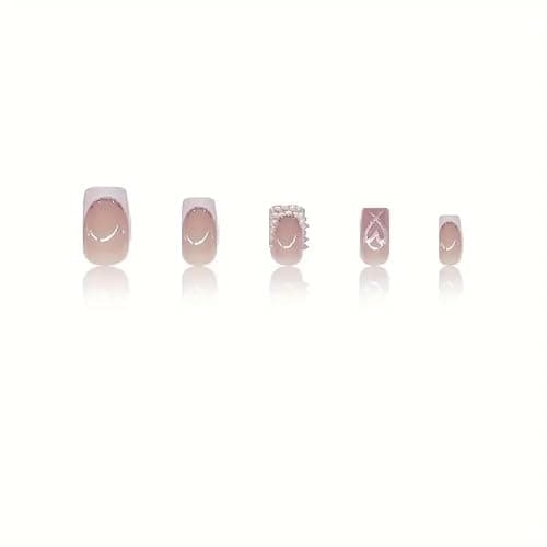 White French Tip Press on Nails Duck Feet Shaped Medium With Rhinestone Designs Nude Pink Stick on Valentine Heart False Glue on Nails for Women Manicure Art - style 3 thumbnail 3