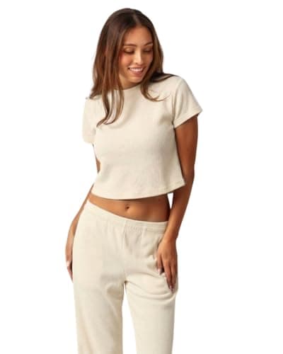 Almere Waffle Knit Lounge Set for Women Baby Tee and Sweatpants (Cream, Small) - Image 1