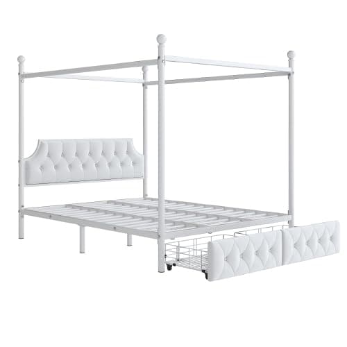 CITYLIGHT Metal Canopy Platform Bed with Upholstered Headboard, Queen Size Canopy Bed with 2 Storage Drawers (Metal, White) - White Metal - Queen thumbnail 7