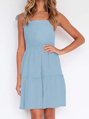 ZESICA Womens Summer Spaghetti Strap Sleeveless Mini Dress | Square Neck, Ruffle Hem, A-Line, Flowy Swing Dress, Sun Dress, Wedding Guest Short Dress thumbnail 8