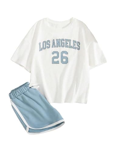 Floerns Girl's 2 Piece Outfits Graphic Print Drop Shoulder Tee & Contrast Binding Track Shorts Clothing Set - Image 1