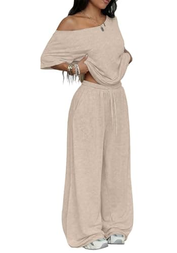 TDCoool Women's 2 Piece Matching Lounge Set Off The Shoulder Short Sleeve Top Wide Leg Sweatpants Set Casual Loungewear - Image 1