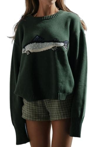 Y2k Fish Graphic Crochet Chunky Sweater Women Vintage Cottagecore Oversized Streetwear - Image 1