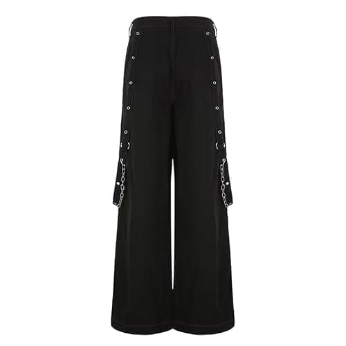 Kodaruber Women Vintage Goth Hip Hop Jeans Punk High Waisted Baggy Bootcut Jeans Strap Chain Striped Wide Leg Denim Pants thumbnail 5