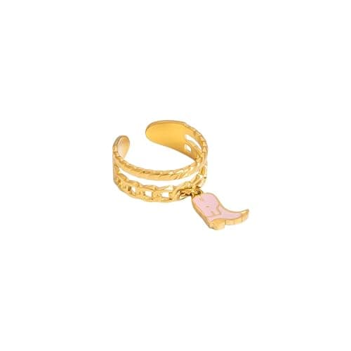 Layered Pink Western Cowgirl Boot Charm Statement Band Ring Goldtone Adjustable Stacking Cute Fashion Stainless Steel Cowboy Knuckle Finger Open Rings Country Rodeo Jewelry Gift for Women Her Daughter - Image 1