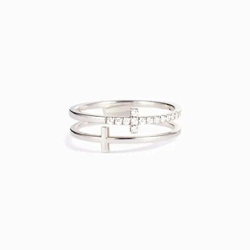 Double Cross Ring 18k Gold Plated 925 Sterling Silver Cubic Zirconia Simple Plain Stackable Statement Promise Rings Inspiration Christian Ring Faith Hope Love Cross Religious Ring Gift (Silver 9#) thumbnail 4