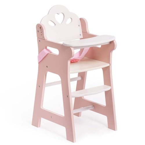 ROBOTIME High Chair for Pretend Play, Wooden Baby Doll Furniture with Safety Belt and Footrest, Fits 18 Inch Dolls, Gift for Ages 3+, White/Pink thumbnail 2