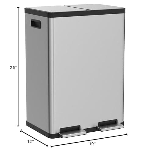 SIMPLI-MAGIC 60 Liter / 16 Gallon Rectangular Hands-Free Dual Compartment Recycling Kitchen Step Trash Can with Soft-Close Lid, Brushed Stainless Steel thumbnail 3